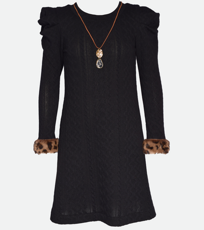 Tween girls black knit dress with fur cuffs and matching necklace set