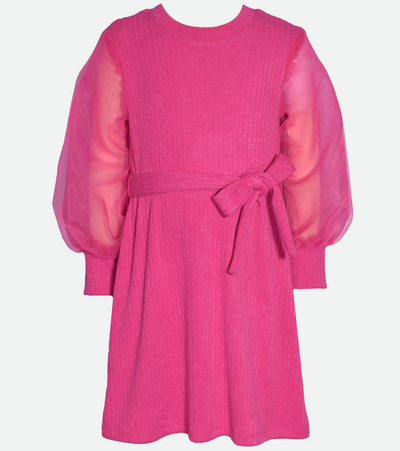 Girls pink sweater dress in pink ribbed knit with sheer bishop sleeves