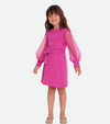Tween girls pink sweater dress with sheer sleeves and belt in ribbed knit magenta