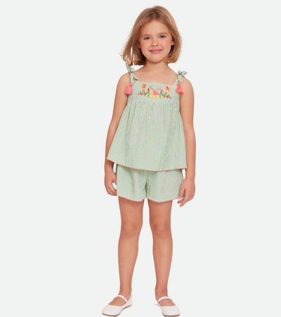 Green embroidered striped short set for girls outfit set 