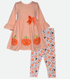 Halloween outfit for girls with pumpkin printed Halloween legging set with striped knit dress and pumpkin applique