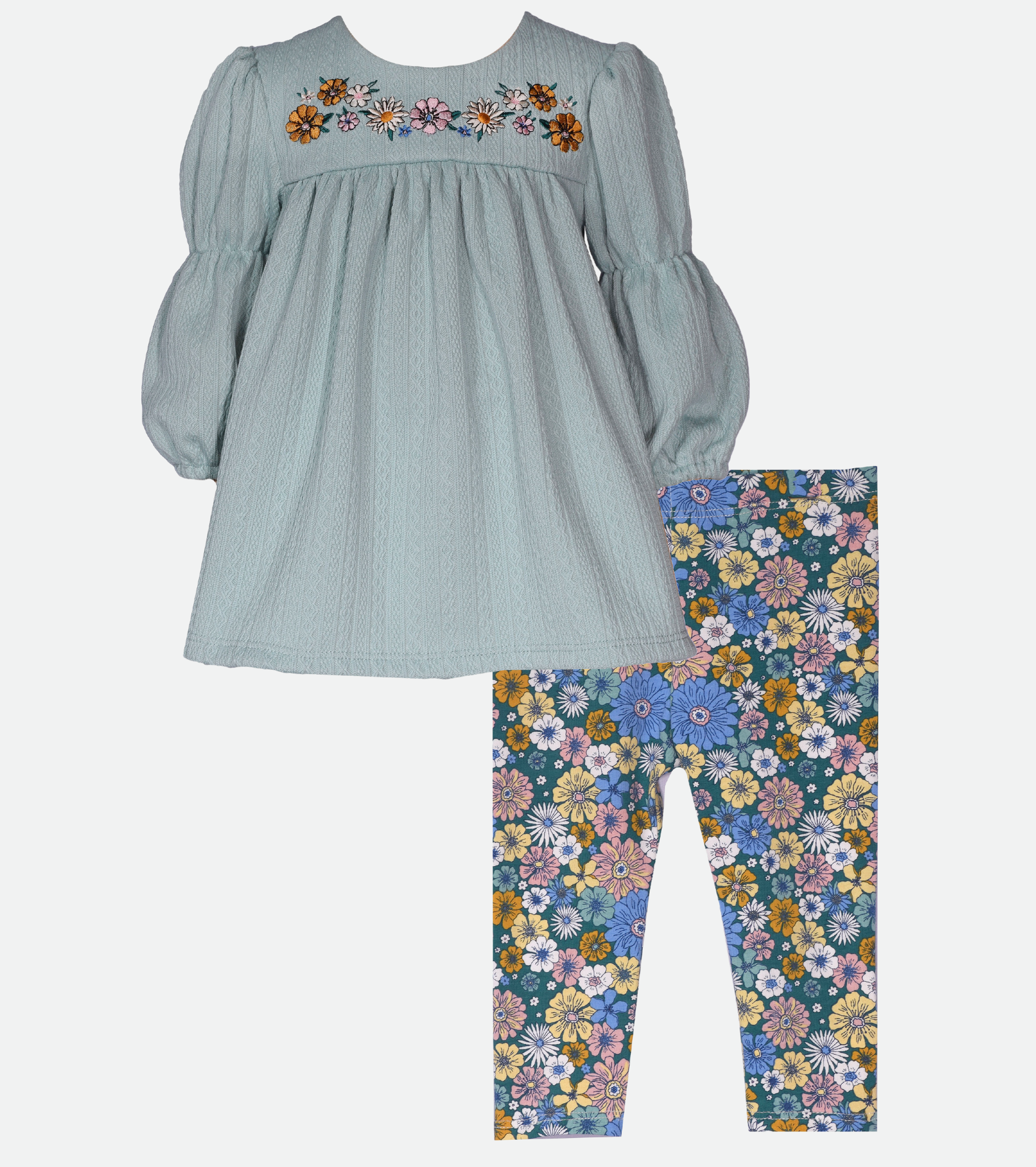Light blue embroidered top with floral leggings set for girls 