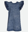 Classic washed denim shift dress accented by three-layer ruffle sleeves