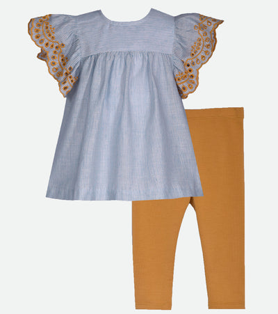 girls outfit sets with blue stiped woven and embroidered flutter to solid knit legging