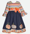 Thanksgiving dress for girls denim and stripe dress with pumpkin applique and pull through bow in fall colors 