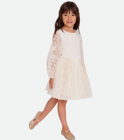 Tween girls white sweater dress with sheer lace sleeves and floral lace skirt