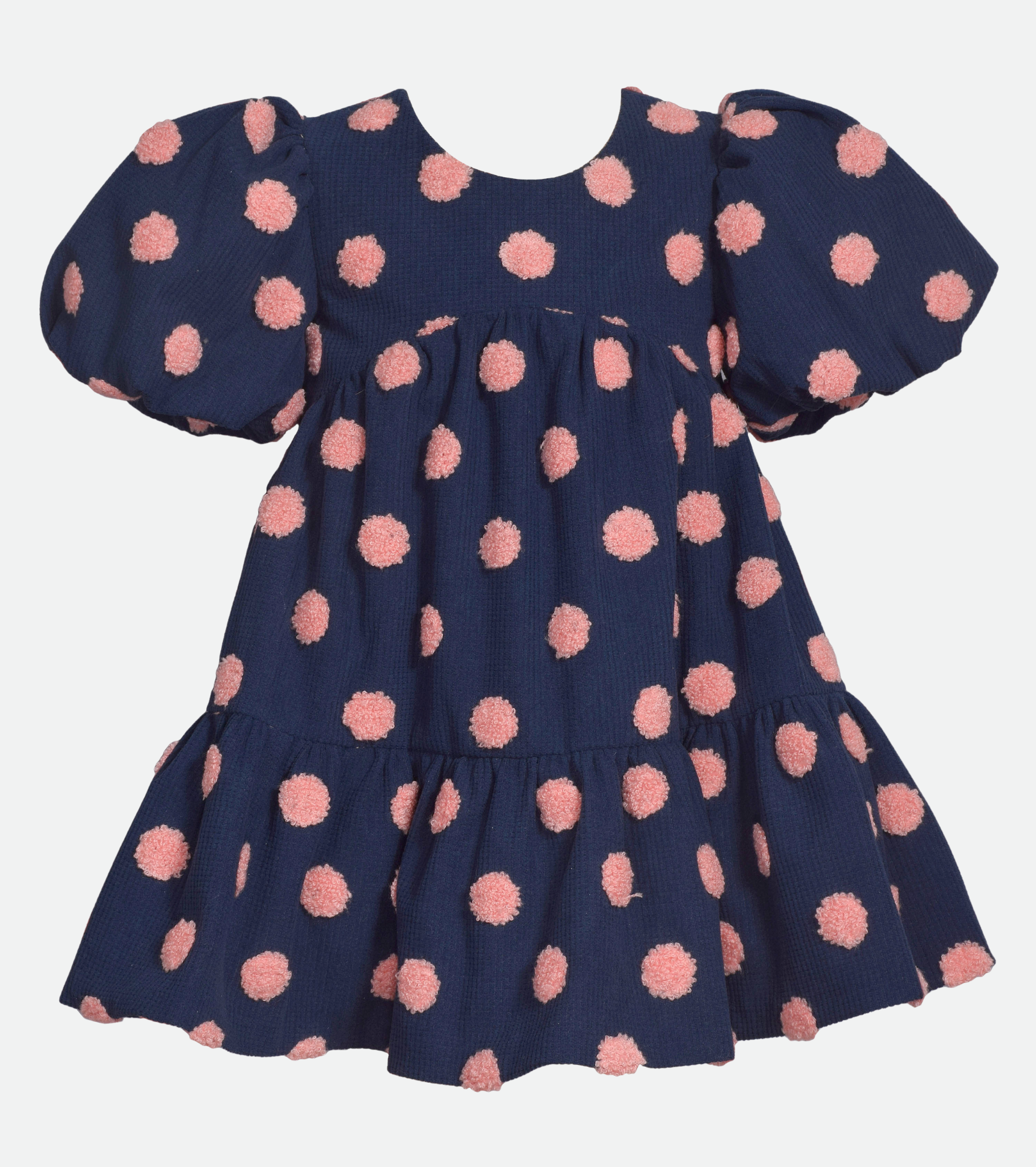 Navy puff sleeve polka dot dress for girls