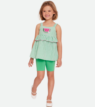 Green gingham short set for girls with watermelon applique 