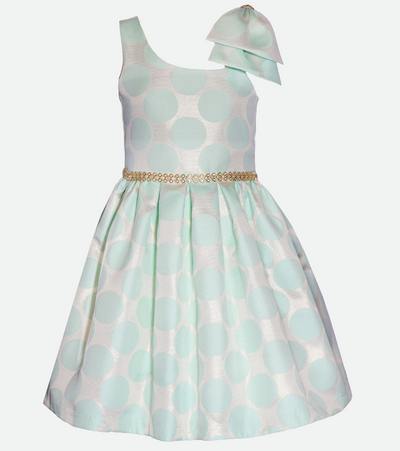 Girls Party Dress with bow shoulder and  polka dots in mint green
