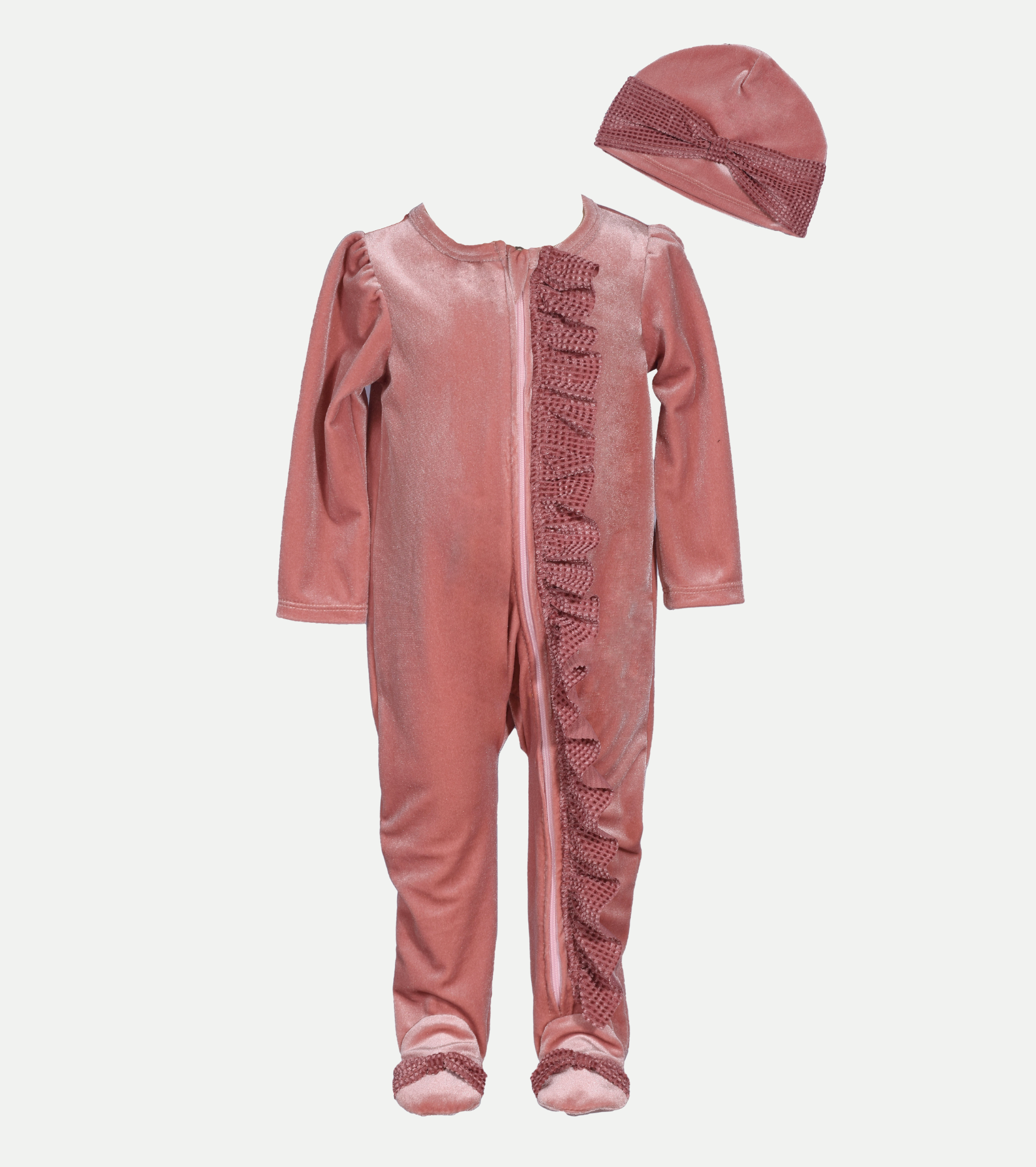 Pink velvet footed onesie with hat for baby girl