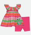Pink and green outfit for little girl embroidered frog short set with ruffle top for girls
