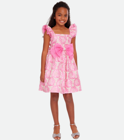 Girls party dress with pink floral print matching sister dresses