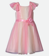 Pink party dress for girls with sequin top mesh skirt and flower trim