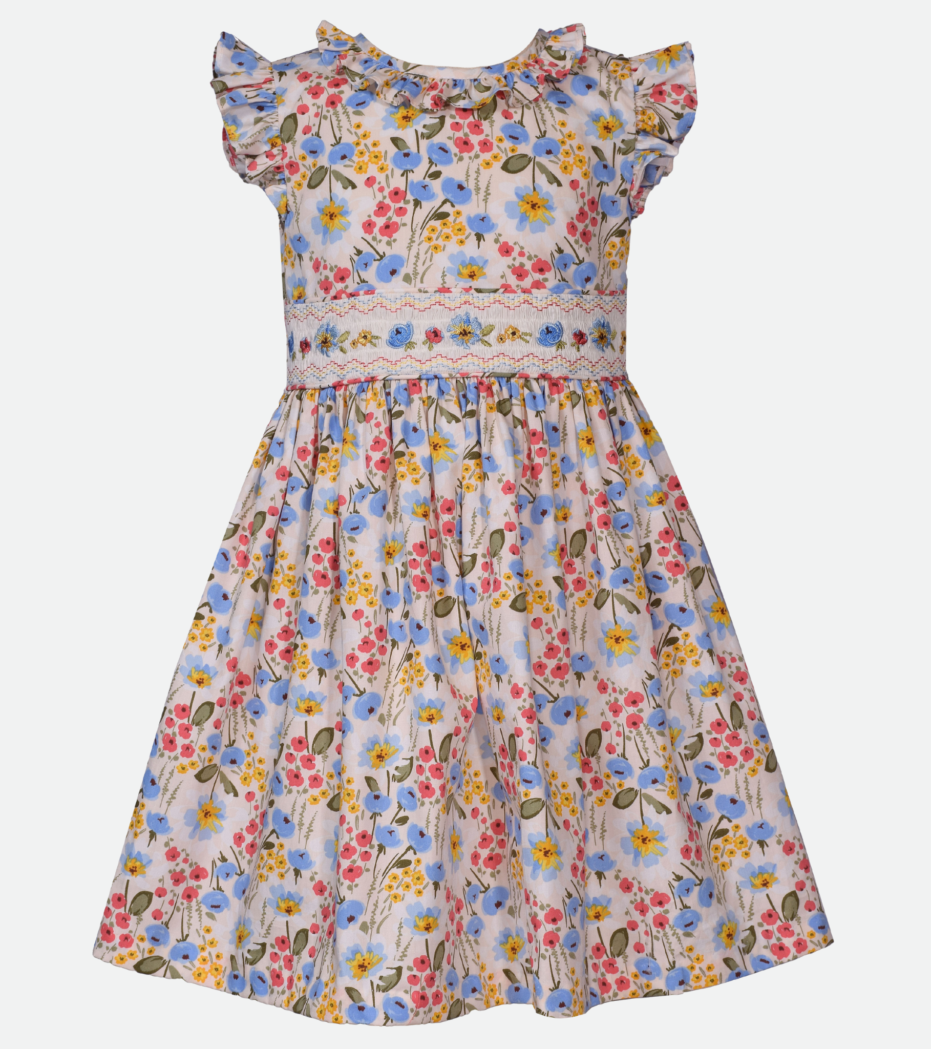 Smocked Floral Dress for Girls with Embroidery 