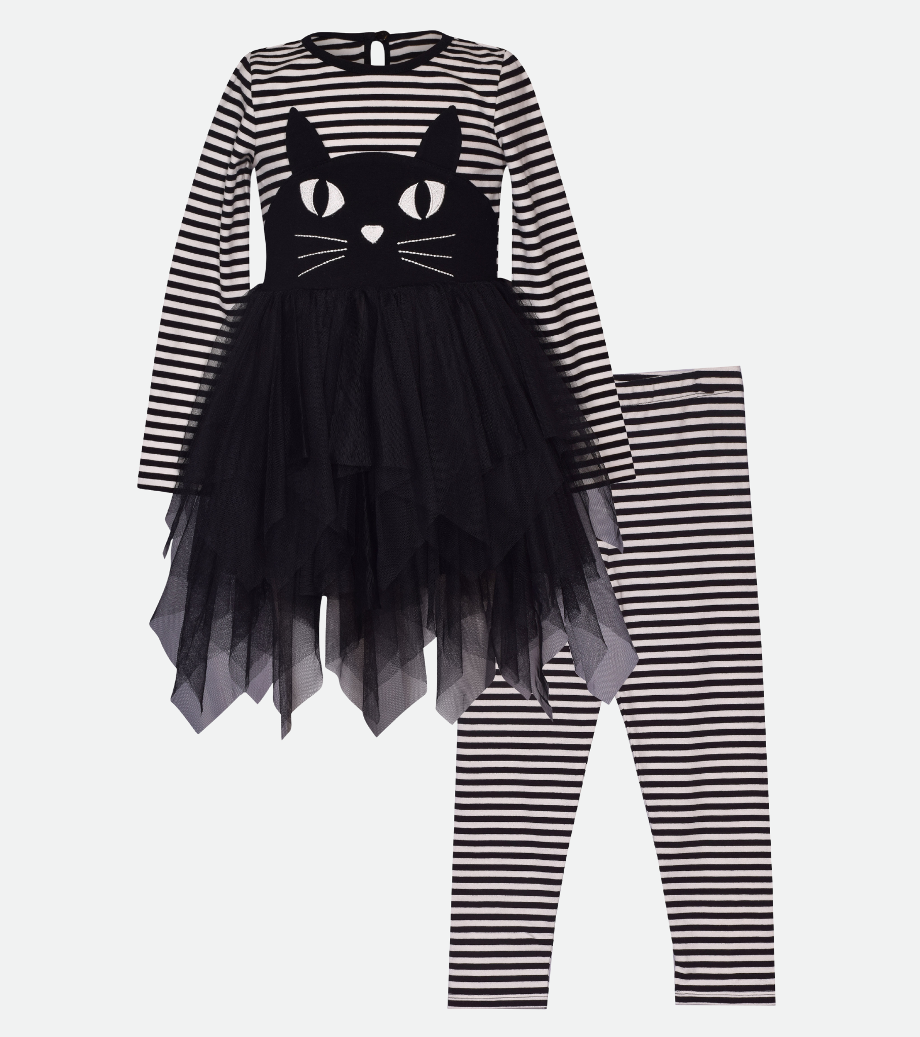 Striped Black Cat Applique Halloween Outfit for Girls