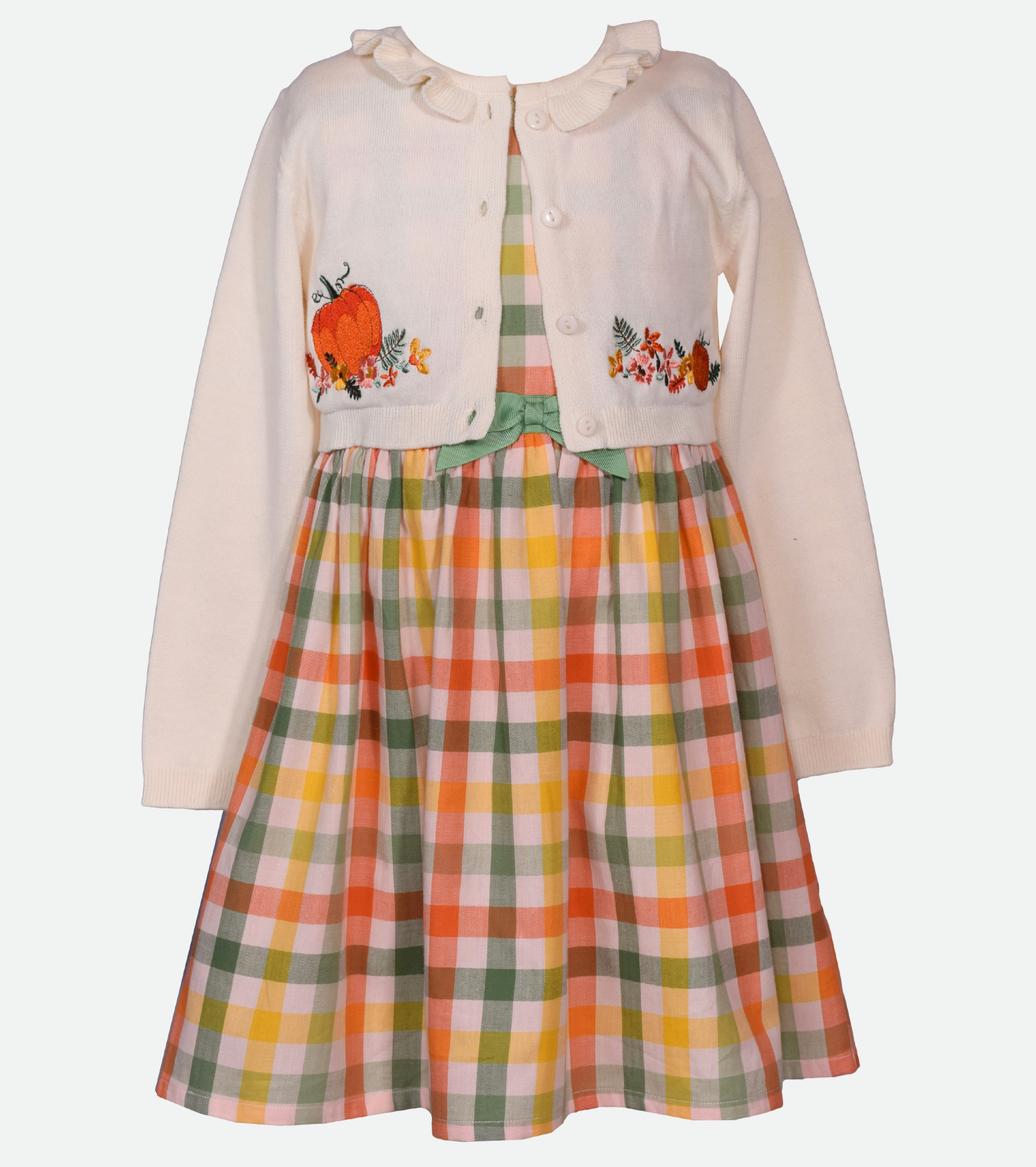 Thanksgiving dresses for girls plaid dress with cardigan and smocked pumpkin embroidery in fall colors 