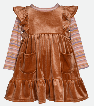 Baby girls velvet jumper dress with striped knit shirt set