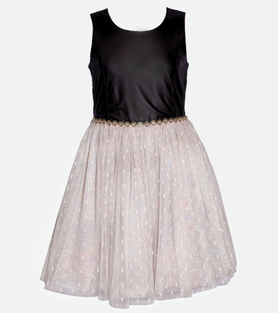 Tween girls black and white party dress with faux leather and point d'esprit mesh skirt