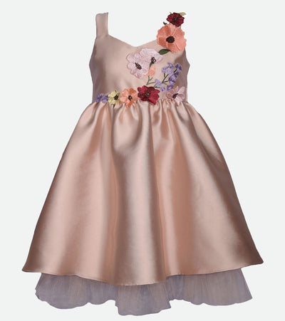 girls party dress with appliqued flowers on bodice and shoulder