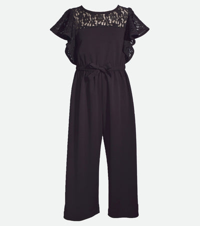 Tween girls jumpsuit with illusion lace neckline and flutter sleeve