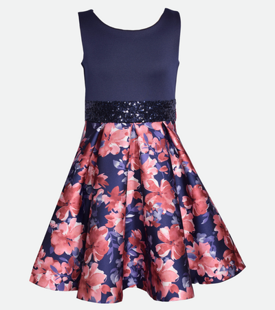 Tween girls sleeveless floral party dress in navy