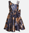 Tween girls Navy floral party dress with high low skirt and one shoulder strap and foiled floral shantung
