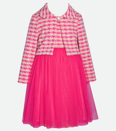 Marching Outfits for Sisters Little girls pink tweed dress with jacket set and mesh ballerina skirt