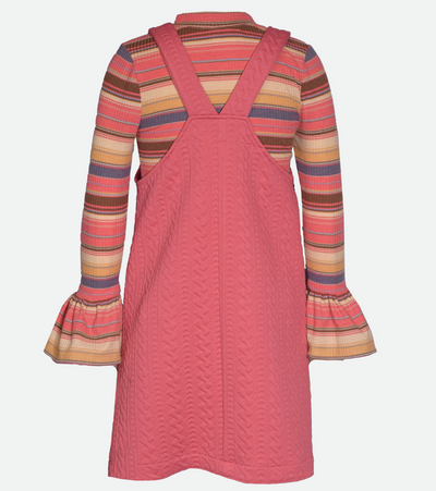 Girls cable knit jumper dress with striped top set