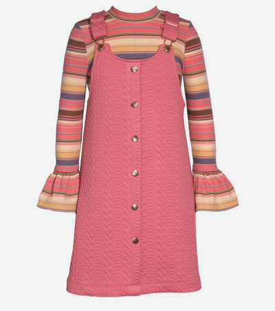 Girls cable knit jumper dress with striped top set
