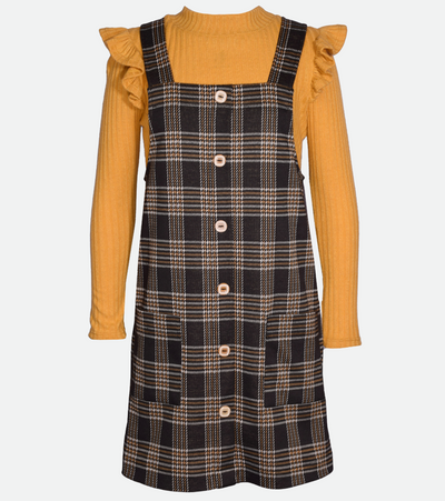 Back to school dress tween plaid jumper dress over mustard knit