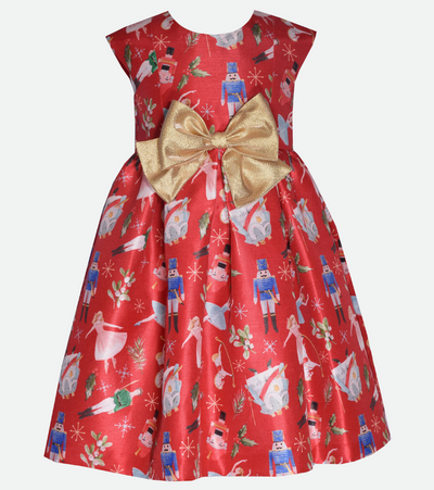 Girls Nutcracker Dress red print with gold bow