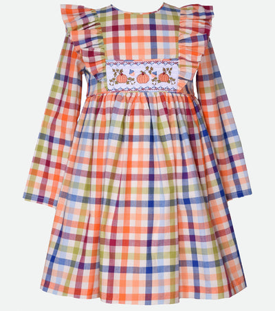 Thanksgiving dresses for girls long sleeve plaid dress with smocked pumpkin embroidery and pinafore ruffles  in fall colors