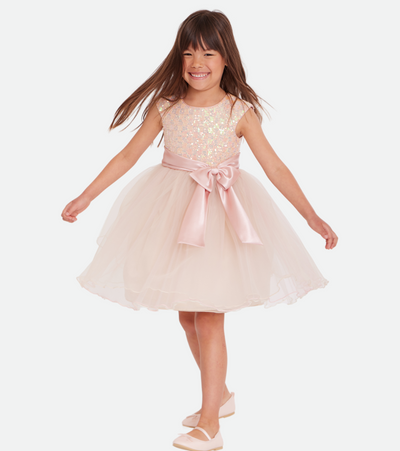 girls pink sequin party dress with tulle ballerina skirt and satin sash bow