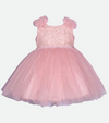 Baby girls pink ballerina party dress with embroidered bodice and puff sleeves