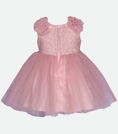 Baby girls pink ballerina party dress with embroidered bodice and puff sleeves 