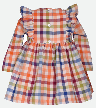 Thanksgiving dresses for girls long sleeve plaid dress with smocked pumpkin embroidery and pinafore ruffles  in fall colors 