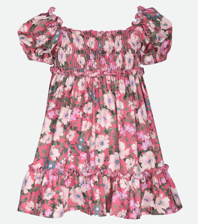 Little Girls Floral Dress Baby girls Dress Smocked Floral Dress Peasant Dress Puff Sleeves Pink 