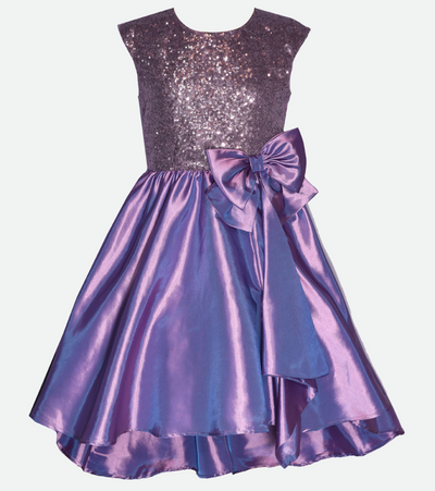 Tween girls party dress in purple sequin with high low skirt