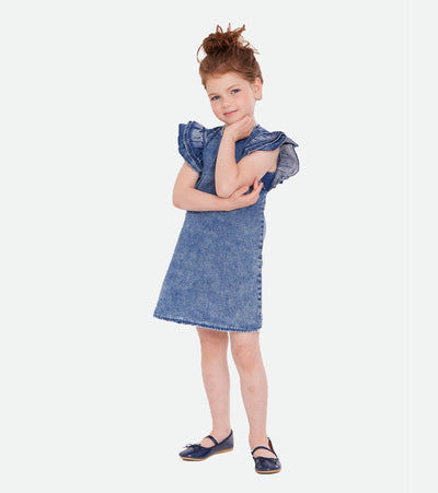 Classic washed denim shift dress accented by three-layer ruffle sleeves 