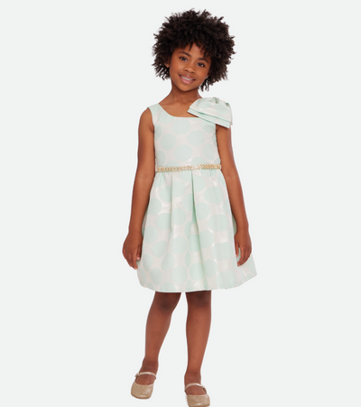 Girls Party Dress with bow shoulder and  polka dots in mint green 