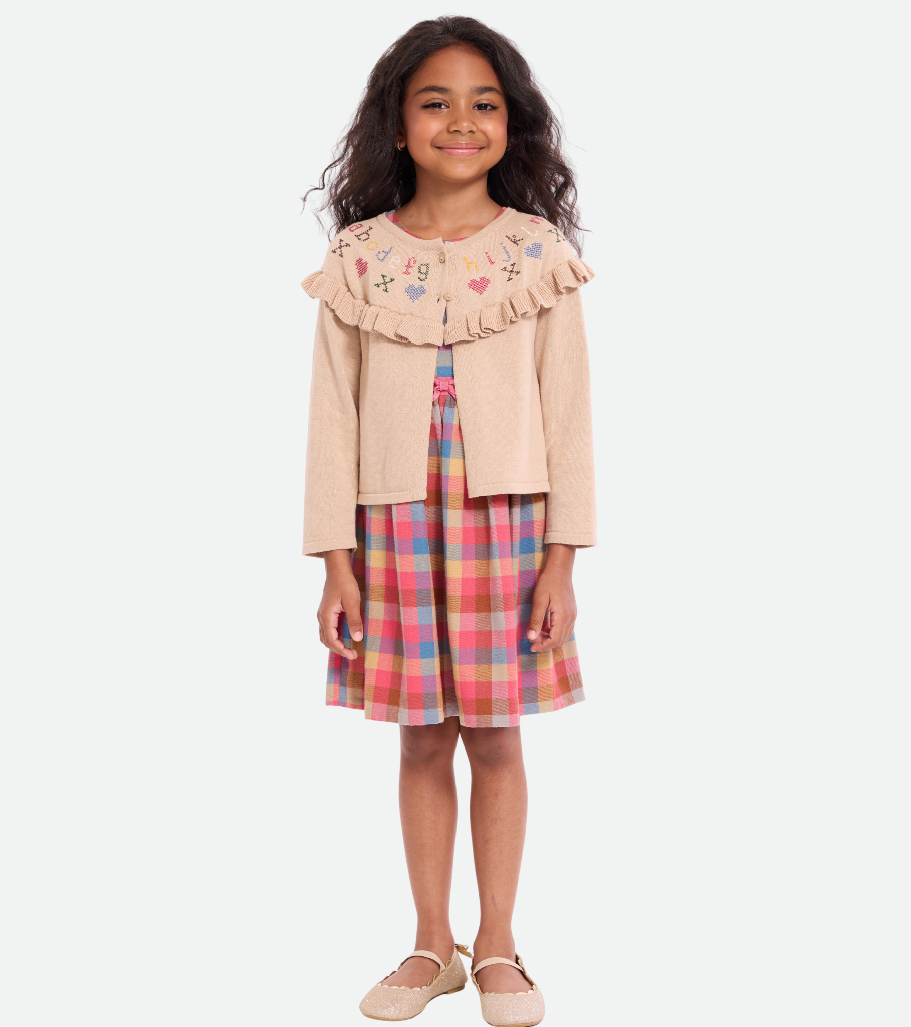 ABC Plaid Dress with Embroidered Cardigan
