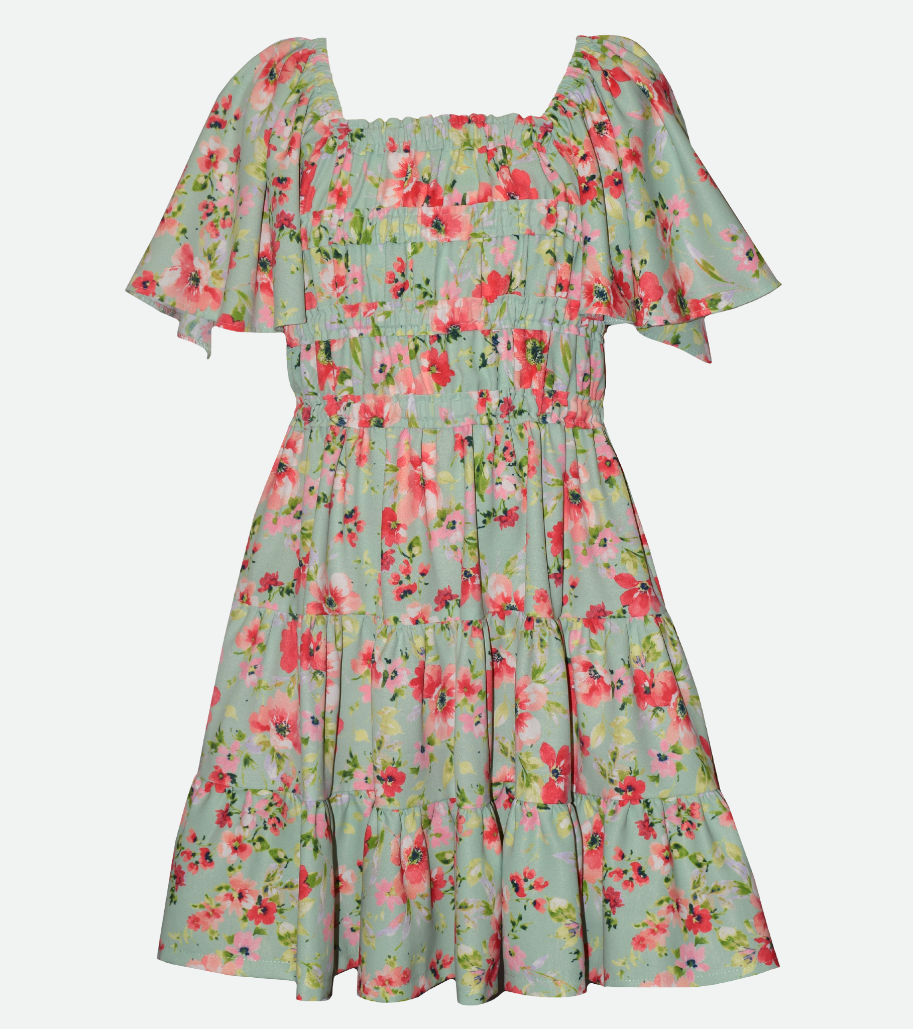 Girls' Mint Floral Tiered Flutter-Sleeve Dress
