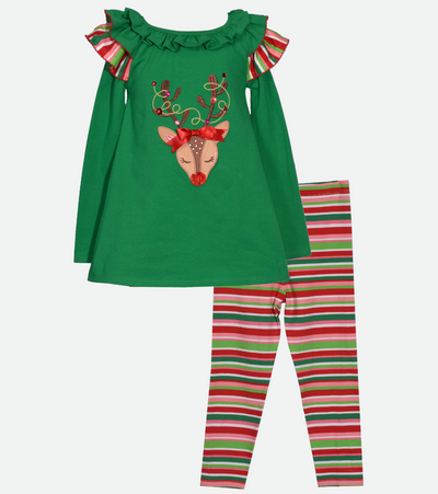 Girls christmas outfit with reindeer applique and striped legging