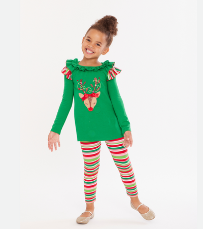 Girls christmas outfit with reindeer applique and striped legging