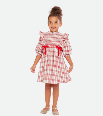 Girls Christmas dresses in plaid with pinafore smocking and red bows