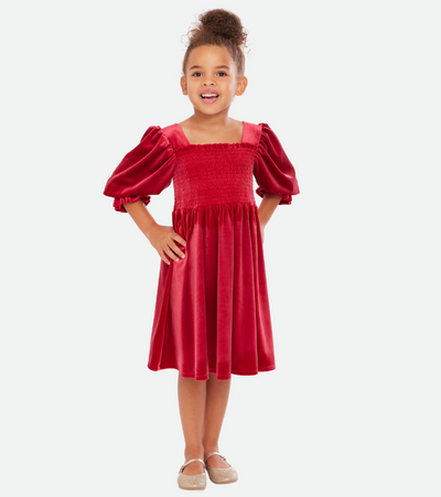 Tween girls velvet smocked dress in red, christmas dresses for girls