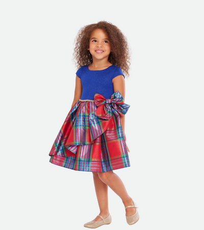 Christmas dresses for girls with plaid skirt and sparkly blue knit 