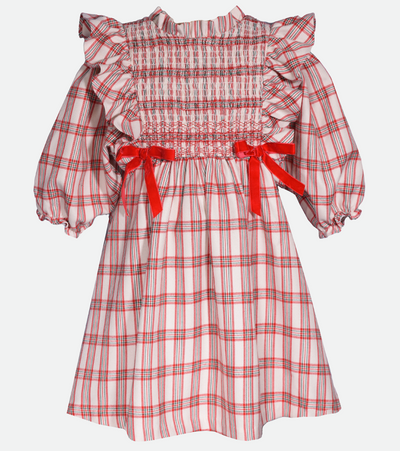 Girls Christmas dresses in plaid with pinafore smocking and red bows