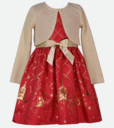 Girls christmas dress in red with gold nutcracker print and matching gold cardigan