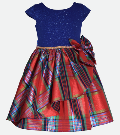 Christmas dresses for girls with plaid skirt and sparkly blue knit